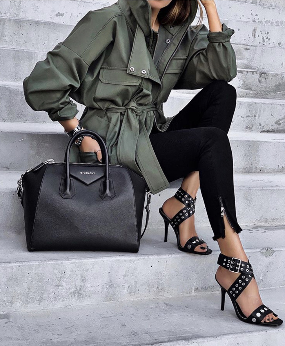 color combinations to wear, utility jacket, olive and black outfit | lolario style