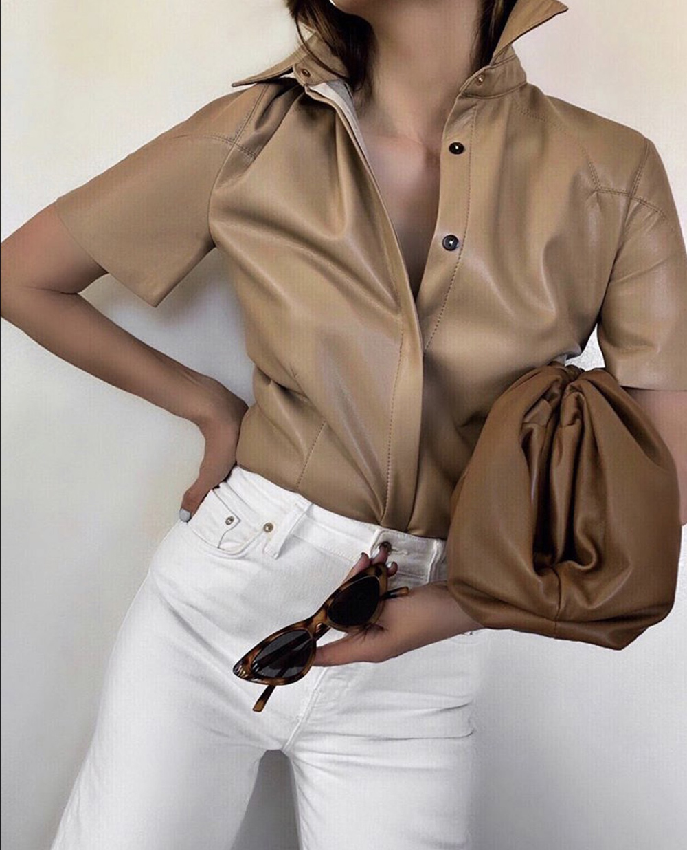 color combinations to wear, nanushka leather top, beige and white outfit | lolario style