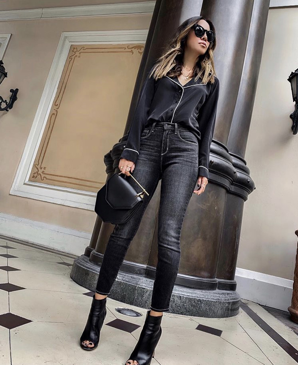 How to Dress Up An All Black Outfit, chic all black outfit, black button down top | lolario style