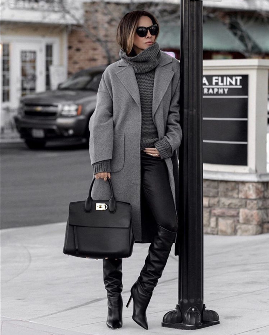 best boots for fall 2019, leather pants and slouchy boots, slouchy boots trend | lolario style